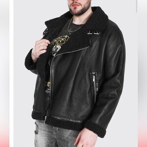 BoohooMAN Black Faux Leather Shearling Aviator Jacket Zip Up Men’s Large